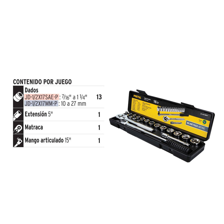 Juego de 16 herramientas 1/2" mm para mecánico, Pretul - Mundo Tool 