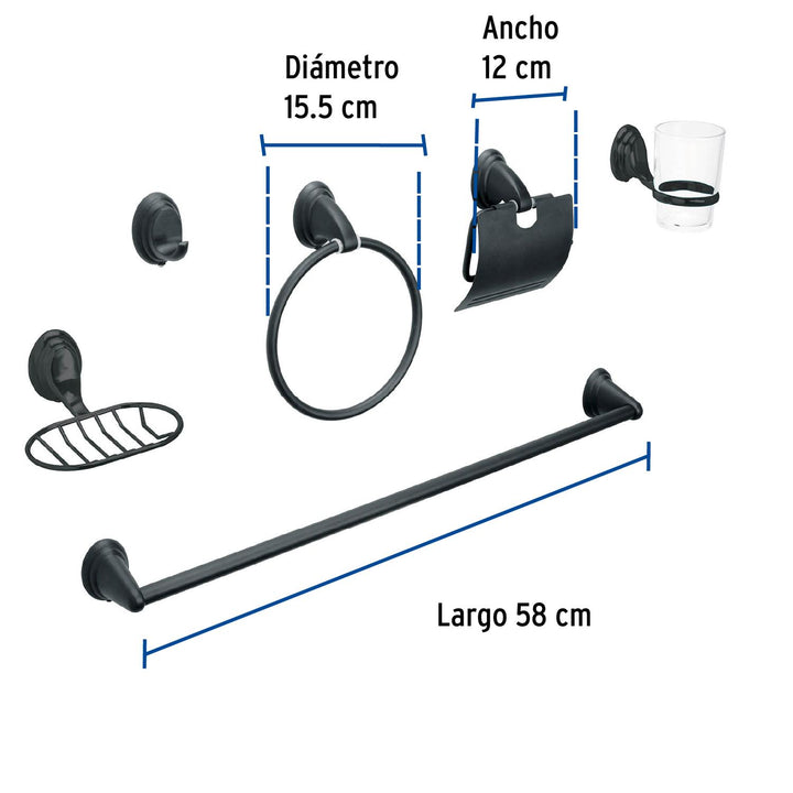 Juego de 6 acc. p/baño negro mate chapetón ovalado, Foset - Mundo Tool 