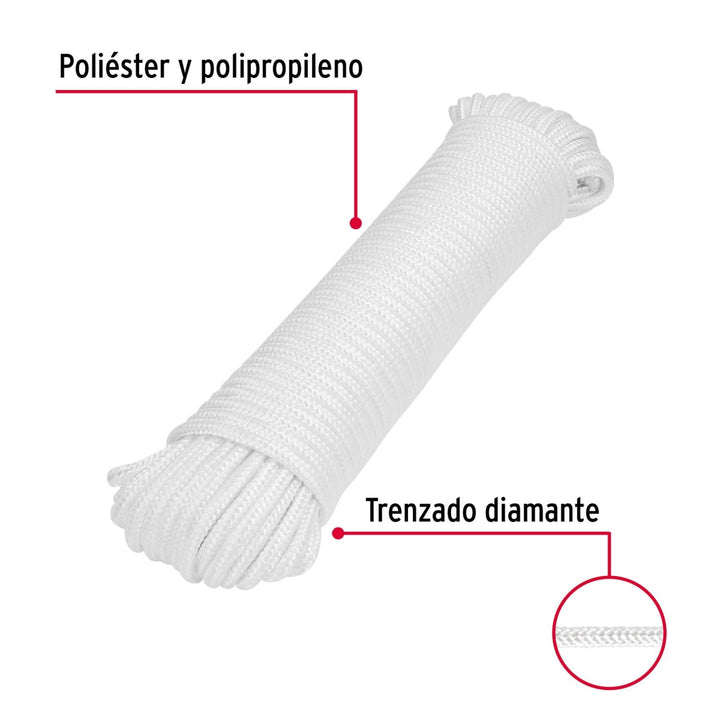 Piola de poliéster diamante de 6 mm x 30 m blanca, Fiero - Mundo Tool 