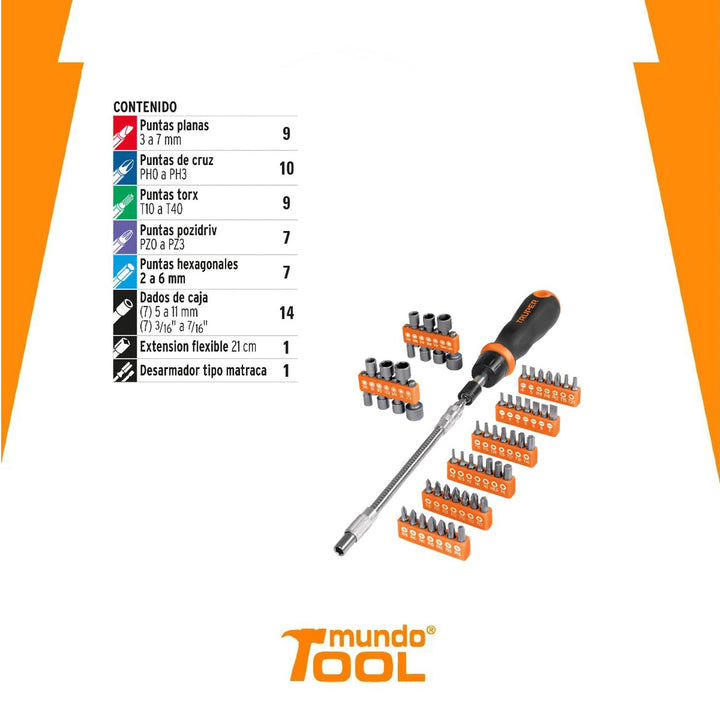 Desarmador tipo matraca con 42 puntas, 14 dados y extensión - Mundo Tool 