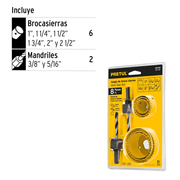 Juego de 7 brocasierras acero al carbono y 1 mandril, Pretul - Mundo Tool 