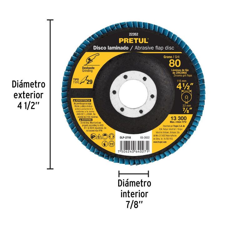 Disco 4-1/2" laminado grano 80 centro 7/8", Pretul - Mundo Tool 