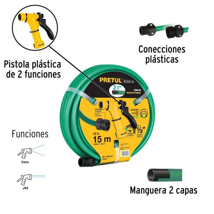 Manguera para jardín 15m Con Pistola Plástica Pretul - Mundo Tool 