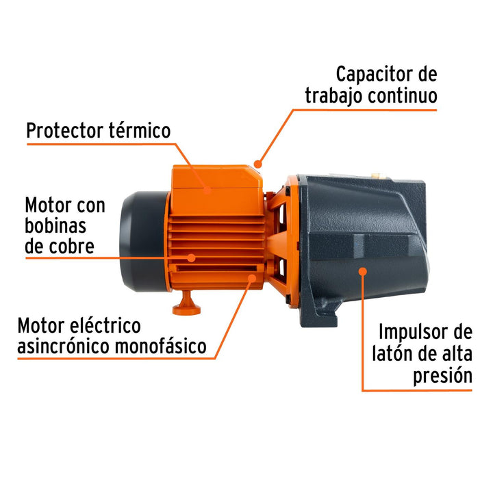 Bomba eléctrica tipo jet para agua, hierro, 1/2 HP, Truper - Mundo Tool 