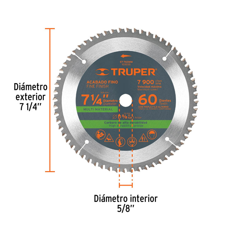 Disco sierra 7-1/4' multimaterial, 60 dientes centro 5/8' - Mundo Tool 