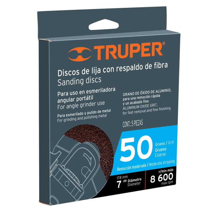 Disco de lija de 7' con respaldo de fibra, grano 50 Truper - Mundo Tool 