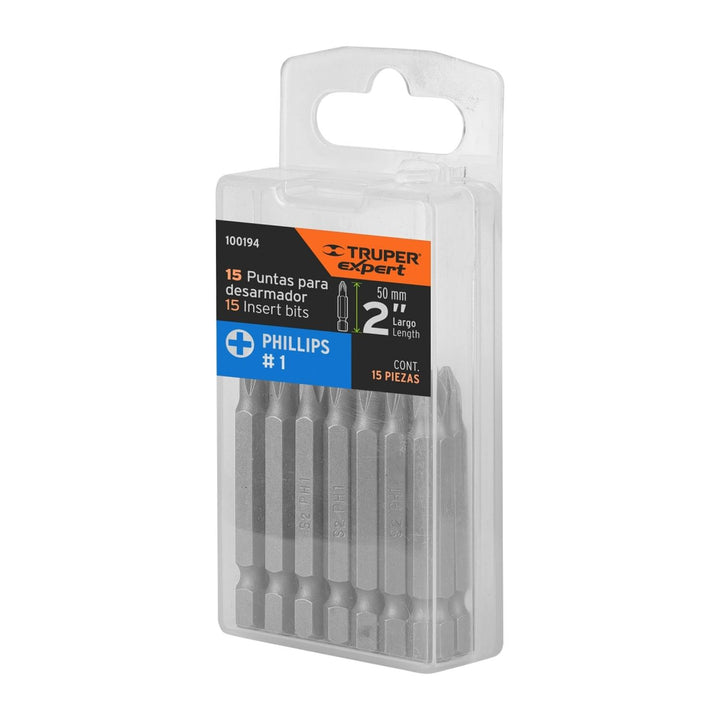 Puntas para desarmador Phillips PH1, 2', 15 piezas Truper - Mundo Tool 