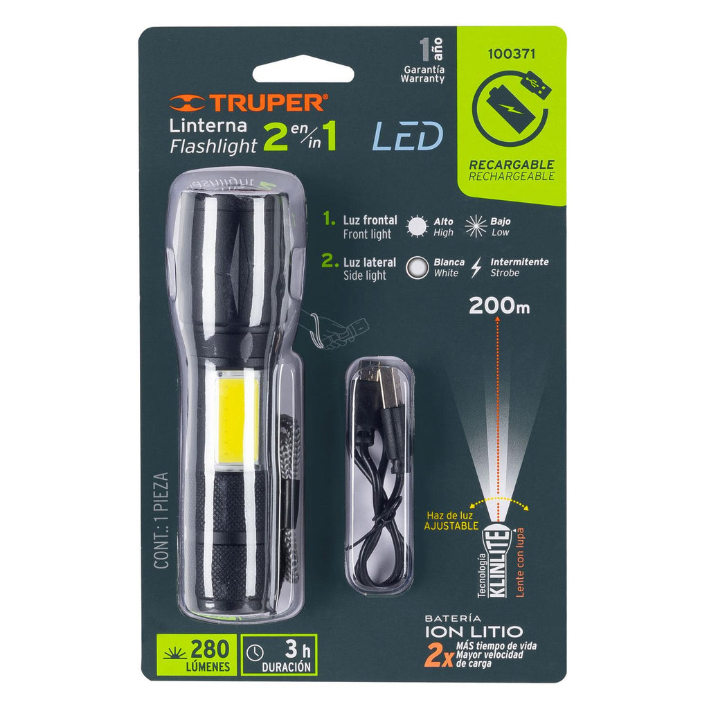 Linterna de 1 LED 270 lm con luz de emergencia, recargable - Mundo Tool 