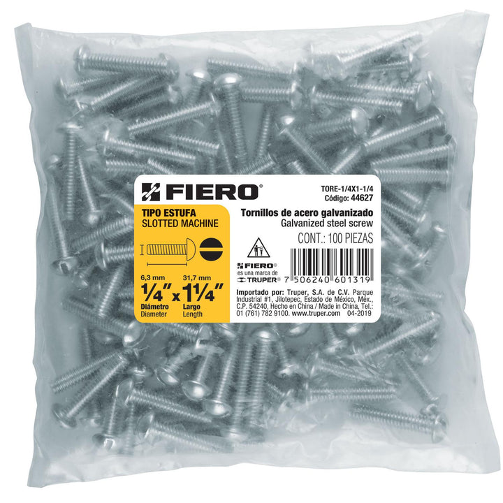 Tornillos 1/4 "x 1-1/4" tipo estufa, Fiero. Bolsa con 100 pzas - Mundo Tool 