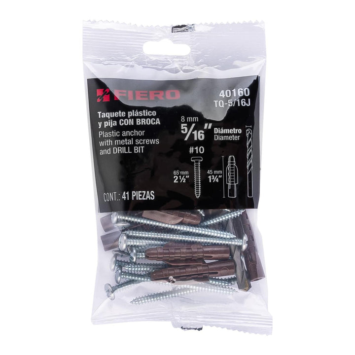 Kit de 20 taquetes 5/16'con pijas #10 y 1 broca 5/16', Fiero - Mundo Tool 