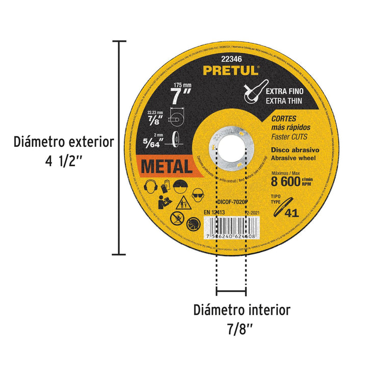 Disco abrasivo para corte extrafino,Tipo 41, 7', 2 mm Pretul Pretul - Mundo Tool 