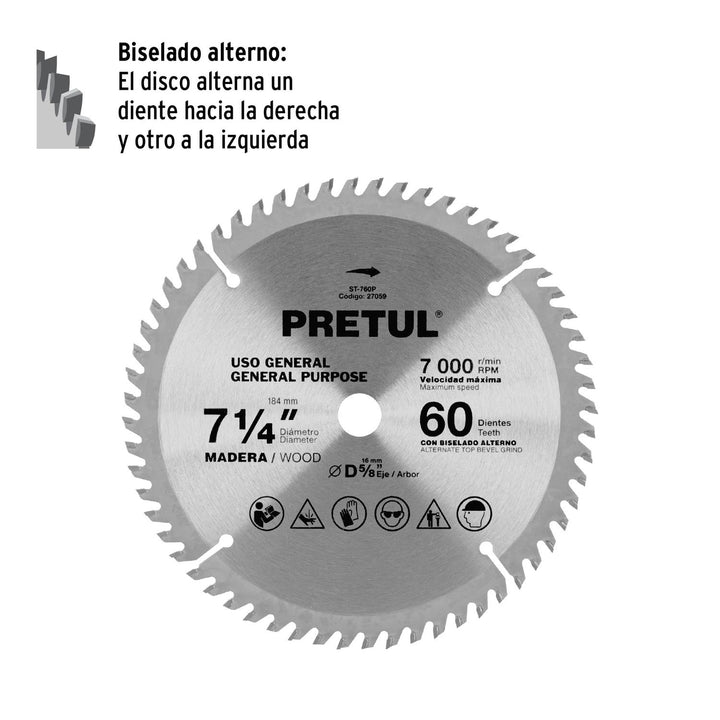 Disco Sierra P/madera 7-1/4 60 Dientes C5/8 Pretul - Mundo Tool 