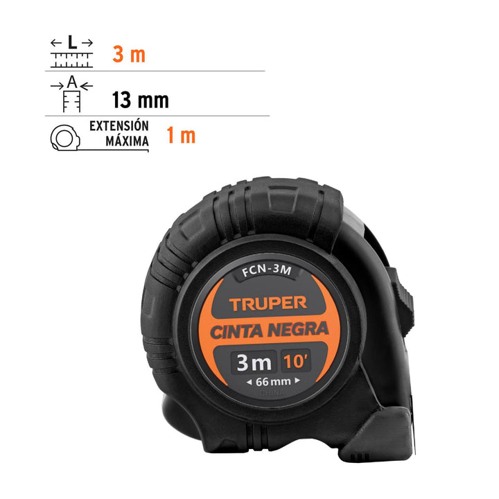 Flexómetro contra impactos 3 m, Cinta Negra 13 mm, Truper - Mundo Tool 