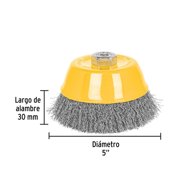 Carda copa 5' alambre ondulado fino, eje 5/8'-11, Pretul - Mundo Tool 