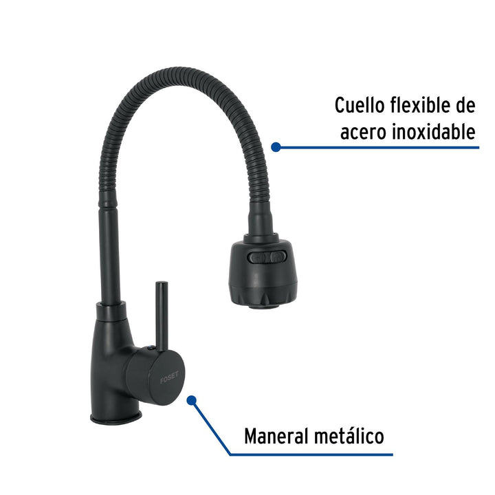 Monomando para fregadero con cuello flexible, negro, Tubig - Mundo Tool 