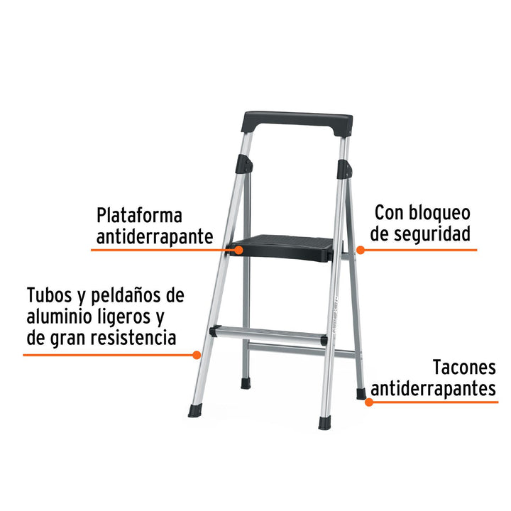 Escalera tubular plegable, 2 peldaños, aluminio, Truper - Mundo Tool 