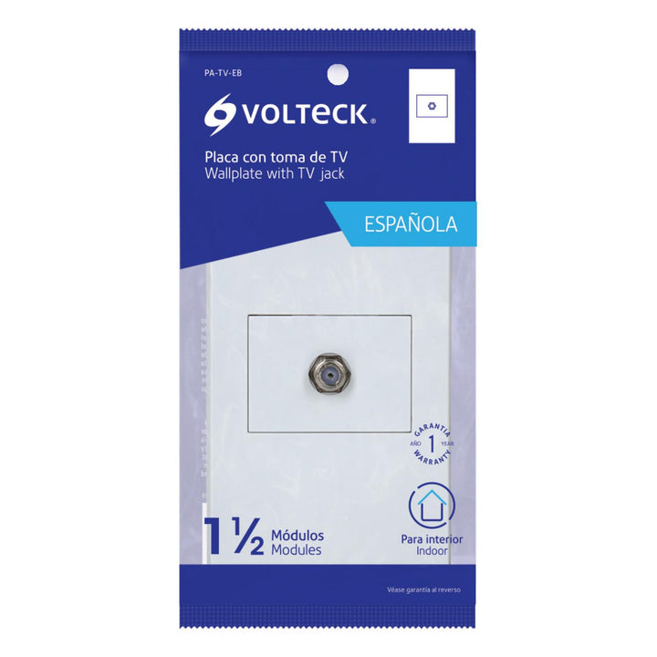 Placa armada 1 toma de TV, 1.5 módulos, Española, blanco Volteck - Mundo Tool 