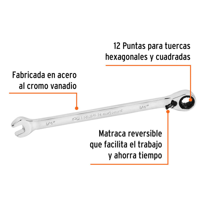 Llave combinada matraca reversible 1/4"x125mm largo, Expert - Mundo Tool 