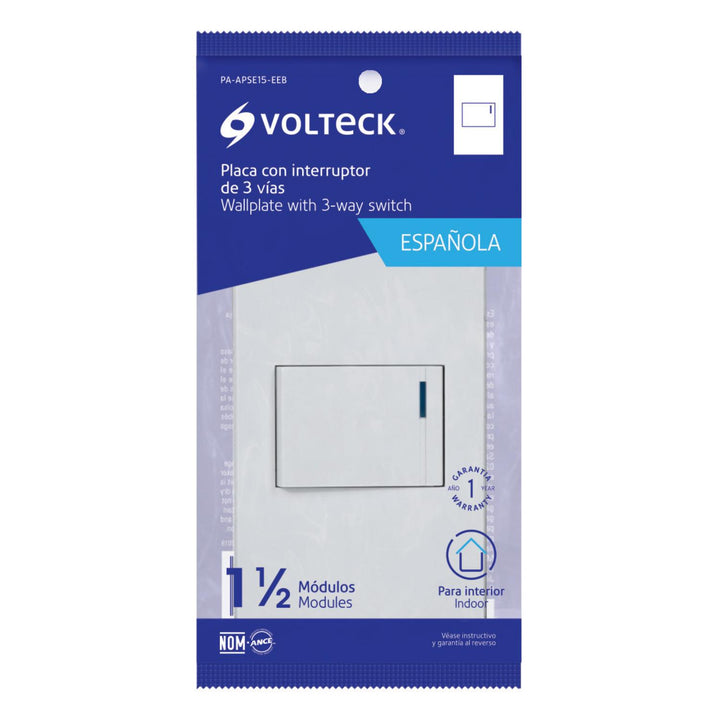 Placa armada 1 interruptor de 3vías, 1.5mód, Española,blanco Volteck - Mundo Tool 