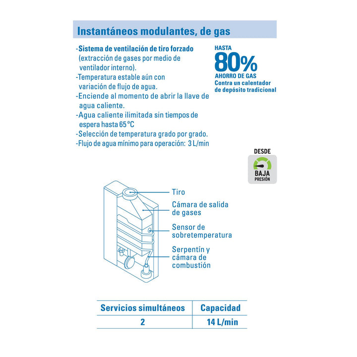 Calentador instantáneo modulante, 14 L, gas LP, 2 servicios Foset - Mundo Tool 