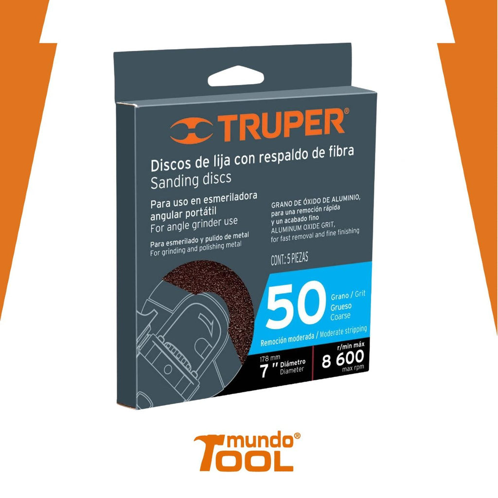 Disco de lija de 7' con respaldo de fibra, grano 24 Truper - Mundo Tool 