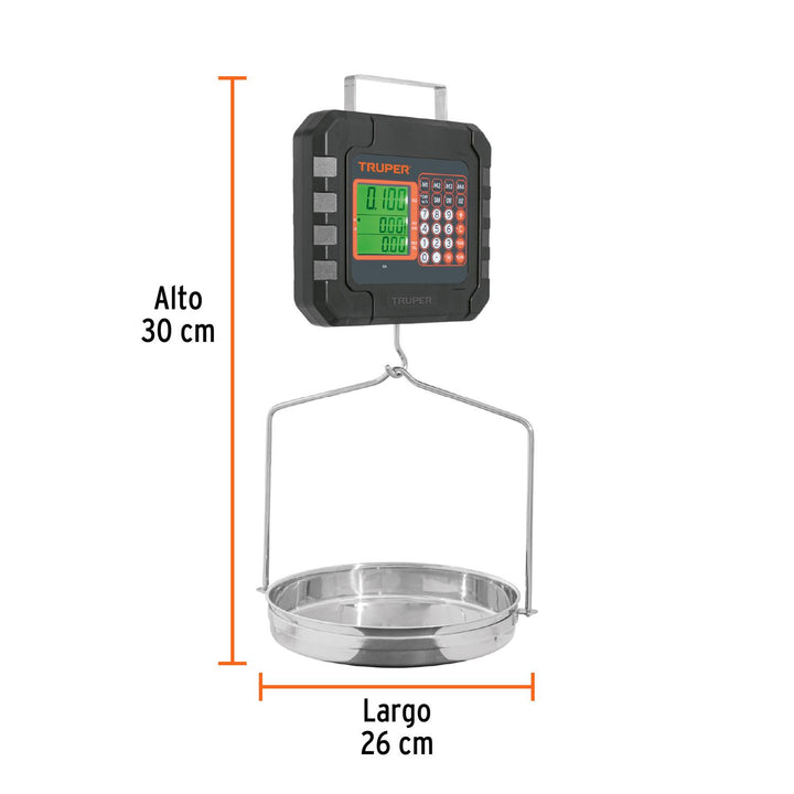 Báscula electrónica colgante, recargable, c/charola, 40 kg - Mundo Tool 