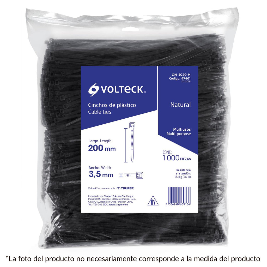 Cincho plástico, 40 lb, 20 cm, bolsa con 1000 pzas Volteck - Mundo Tool 