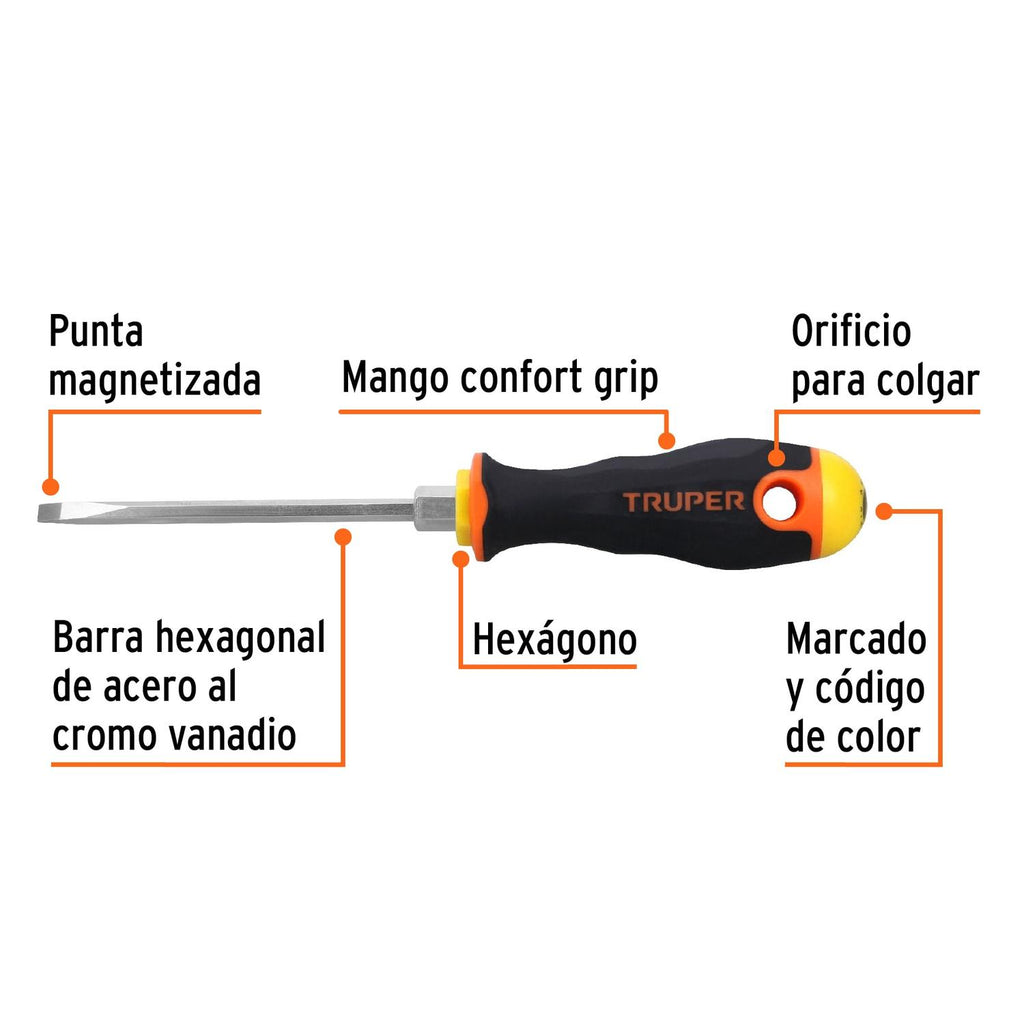 Desarmador cabinet 3/16x4" mango comfort grip Truper - Mundo Tool 