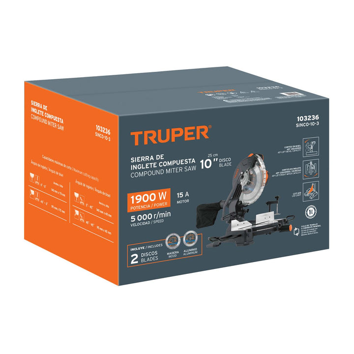 Sierra de inglete 10', 1800 W compuesta, Truper - Mundo Tool 