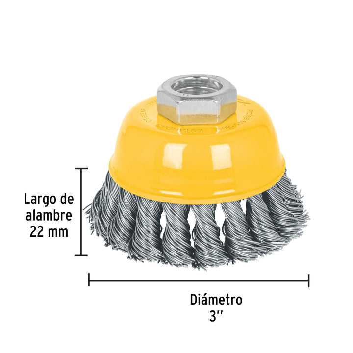 Carda copa 3' alambre trenzado grueso, eje 5/8'-11, Pretul - Mundo Tool 