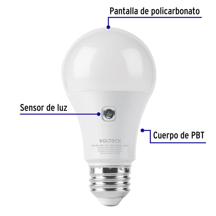 Lámpara LED tipo bulbo A19 10 W con sensor de luz, Volteck - Mundo Tool 