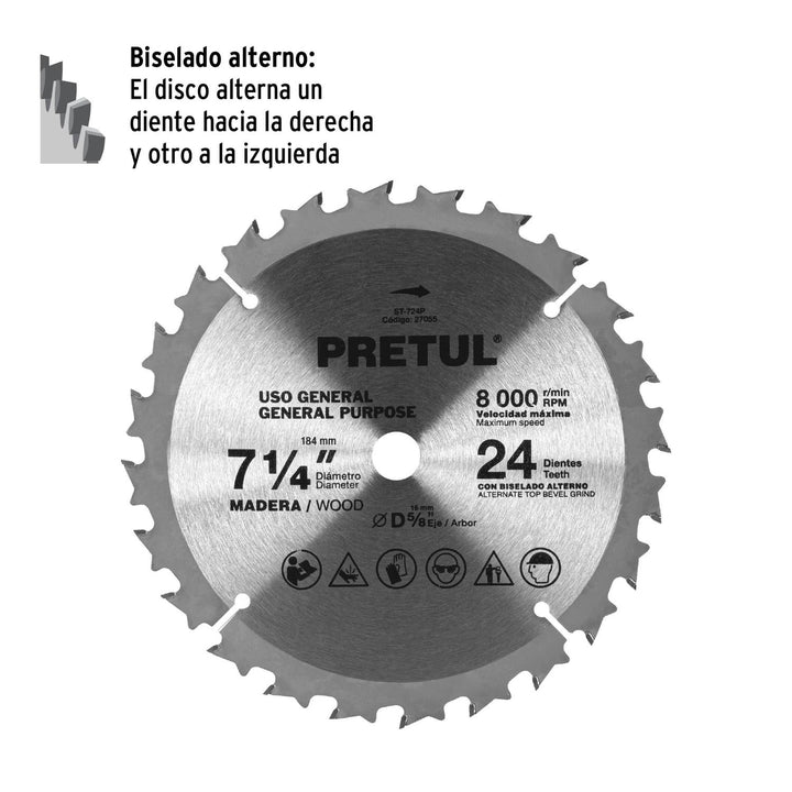 Disco sierra 7-1/4" p/madera, 24 dientes centro 5/8", Pretul - Mundo Tool 