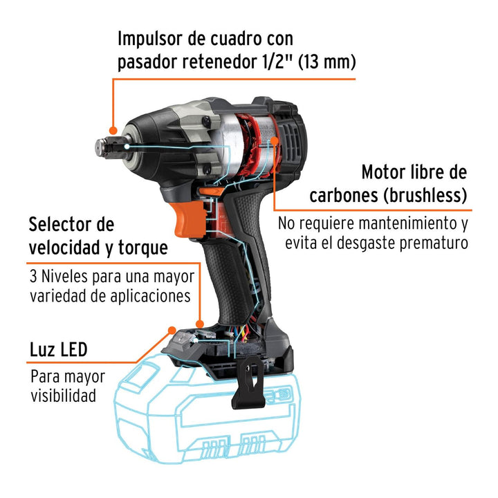 Llave de impacto inalámbrica 1/2" 20 V Truper MAX, s/batería - Mundo Tool 