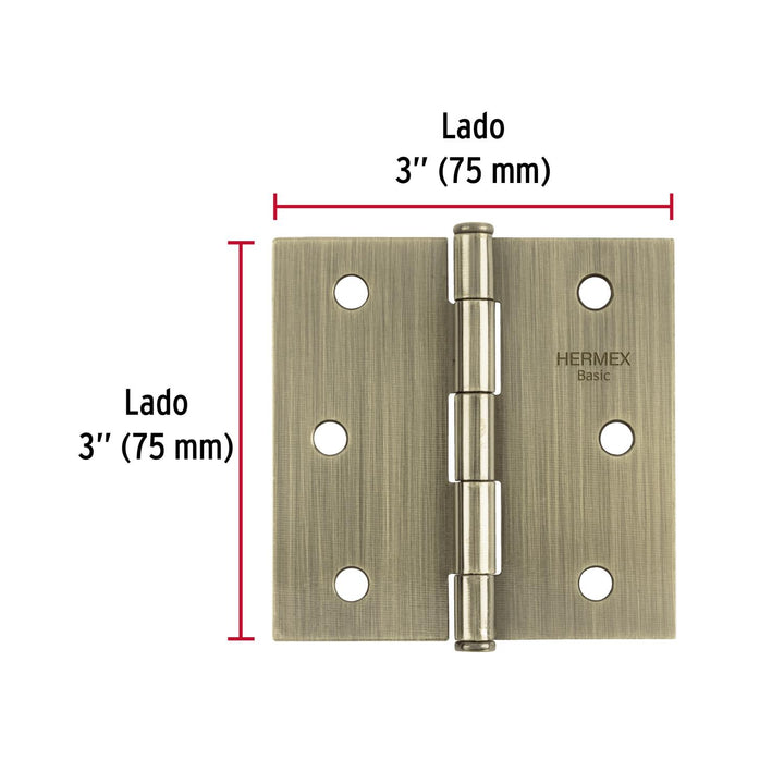 Bisagra cuadrada 3', latón antiguo, cabeza plana, Basic. 20 piezas. - Mundo Tool 