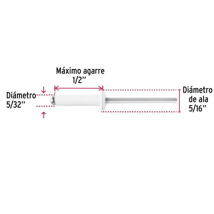 Bolsa c/50 remaches 5/32"x1/2" blancos aluminio, ala 5/16" - Mundo Tool 