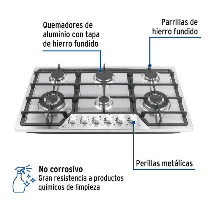 Parrilla gas empotrable 90cm, 6 quem, acero inox, Riviera - Mundo Tool 