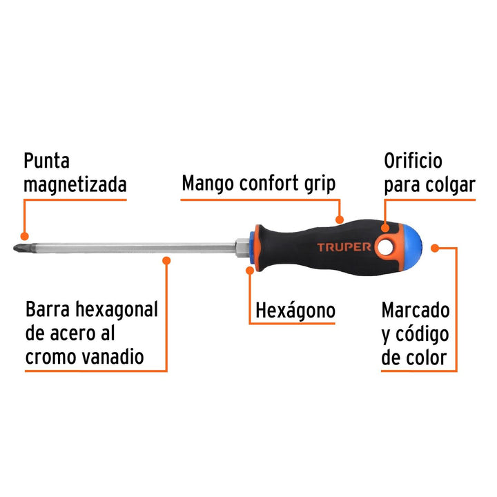 Desarmador punta Phillips # 2 Comfort Grip 6" Truper - Mundo Tool 