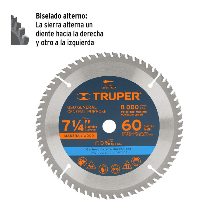 Disco Sierra Para Madera 7-1/4 60dientes Centro 5/8 - Mundo Tool 