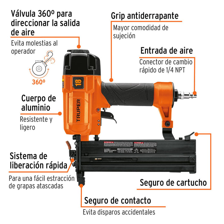 CLAVADORA Y ENGRAPADORA NEUMÁTICA PROFESIONAL CALIBRE 18 TRUPER - Mundo Tool 