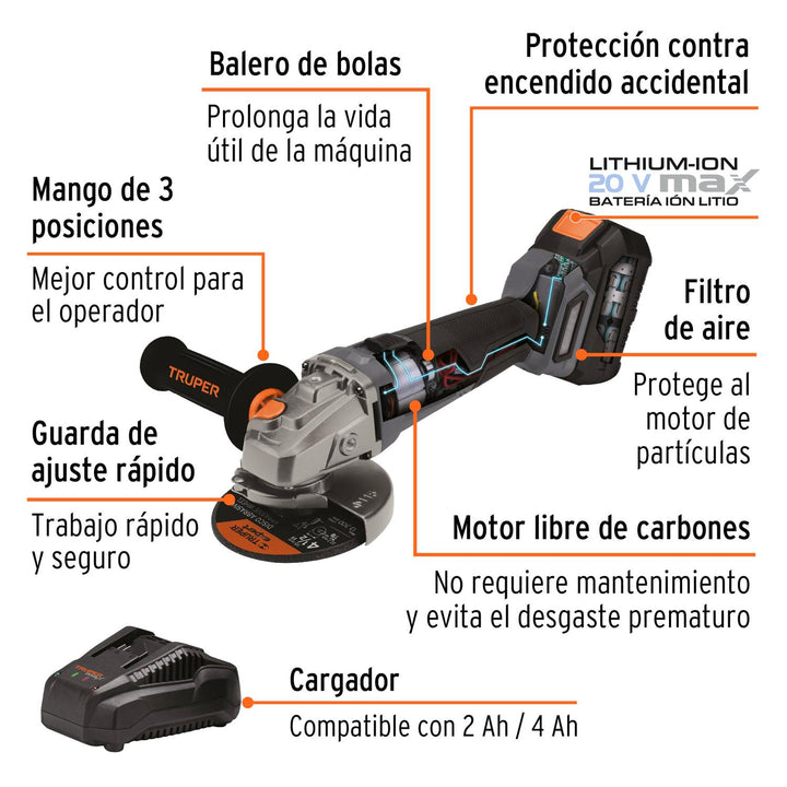 Esmeriladora angular inalámbrica 4-1/2", 20V, sin carbones - Mundo Tool 