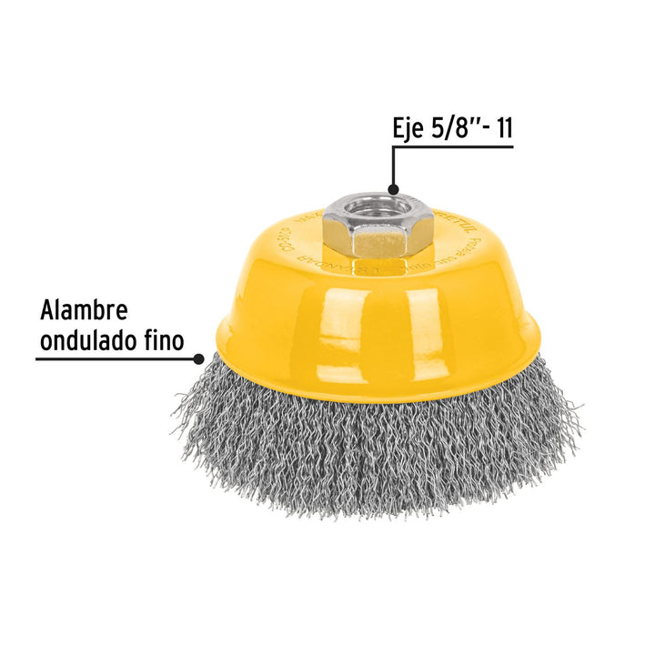 Carda copa 4' alambre ondulado fino, eje 5/8'-11, Pretul - Mundo Tool 