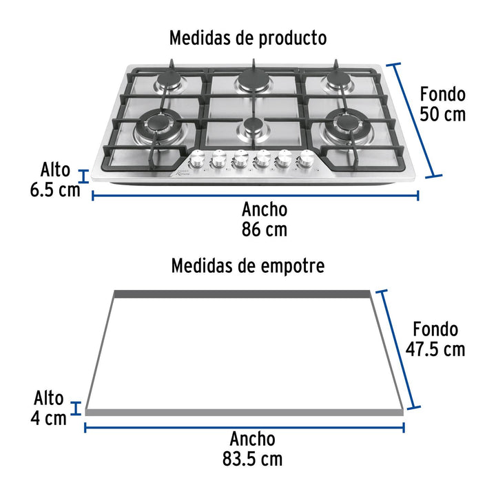 Parrilla gas empotrable 90cm, 6 quem, acero inox, Riviera - Mundo Tool 
