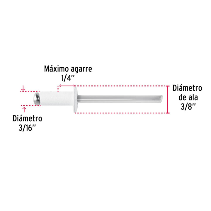 Bolsa c/50 remaches 3/16"x1/4" blancos de aluminio, ala 3/8" - Mundo Tool 