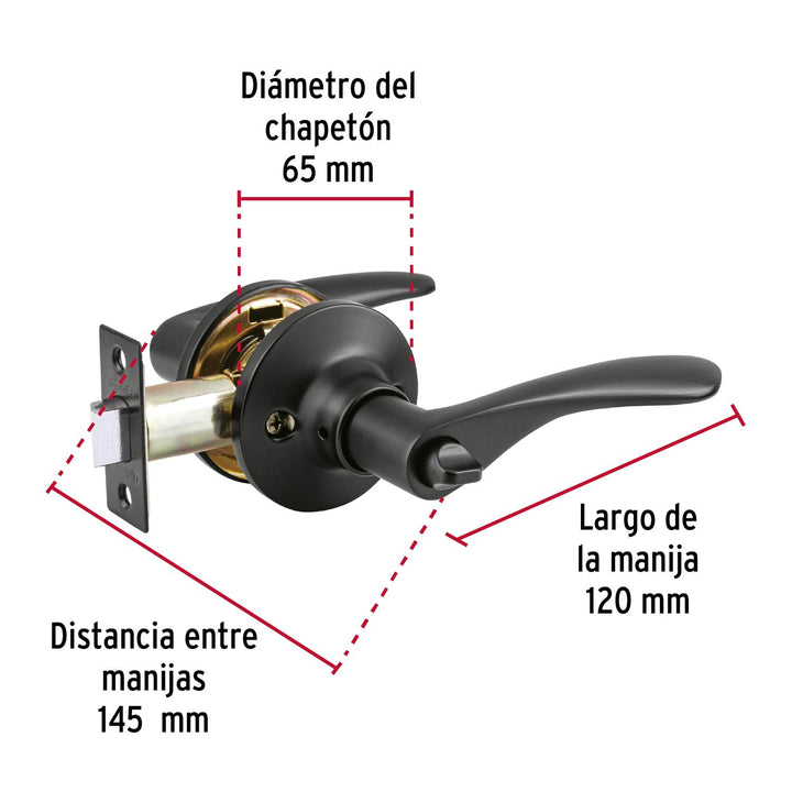 Cerradura manija 'Milán' p/baño, negro, cil latón, Basic - Mundo Tool 