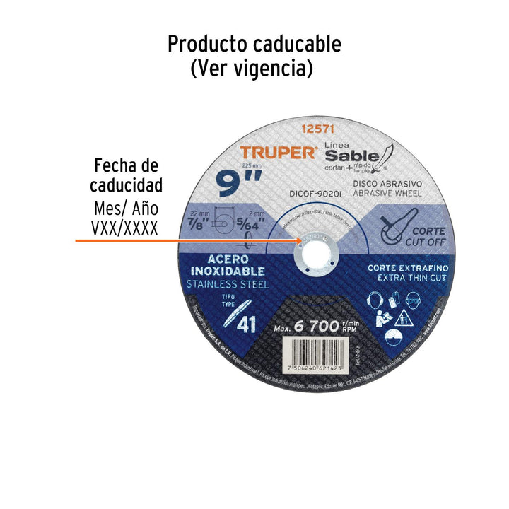 Disco p/corte acero inox., T41, diámetro 9', alto rendimient Truper - Mundo Tool 