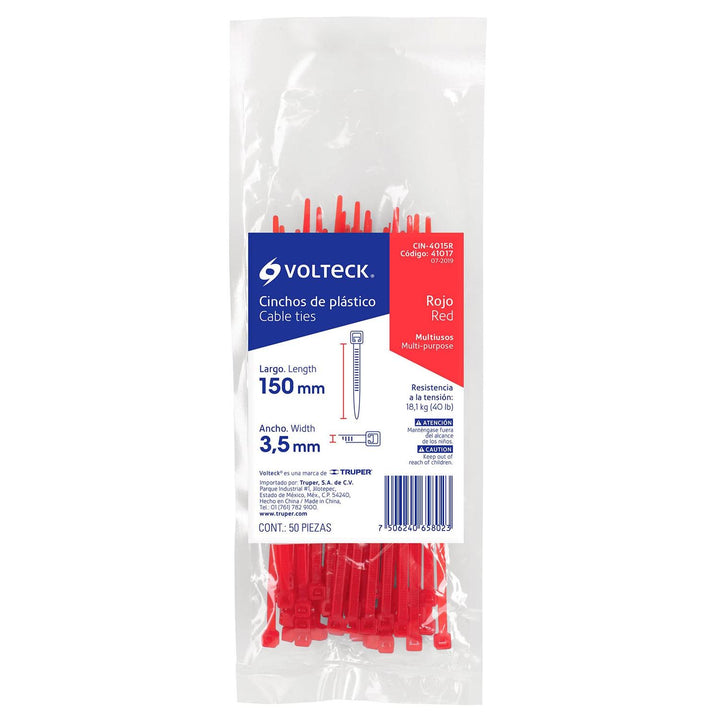 Cincho plástico rojo 40 lb, 15 cm bolsa con 50 piezas Volteck - Mundo Tool 