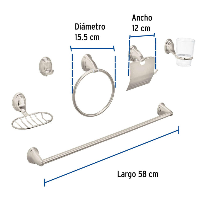 Juego de 6 accesorios p/baño satín chapetón ovalado, Aqua - Mundo Tool 