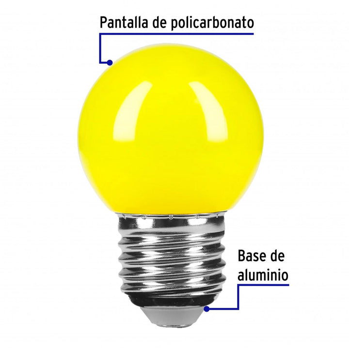 Lámpara LED tipo bulbo G45 1 W color amarillo, caja, Volteck - Mundo Tool 