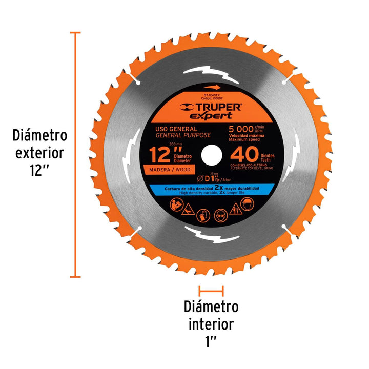 Disco sierra p/madera 12', 40 d, centro 1', Expert Expert - Mundo Tool 