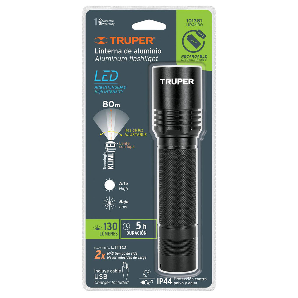 Linterna LED recargable de aluminio, 130 lúmenes
